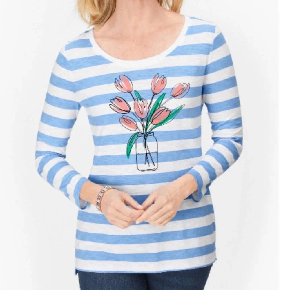 Talbots Striped Blouse Top 3/4 Sleeve Floral Size Medium Petite Nautical Coastal